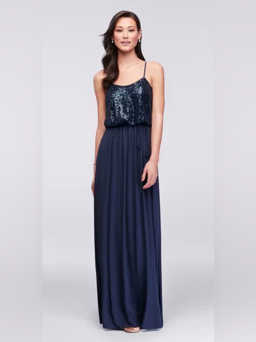 David's Bridal Long Navy Blue Sequin Blouson Bridesmaid Dress